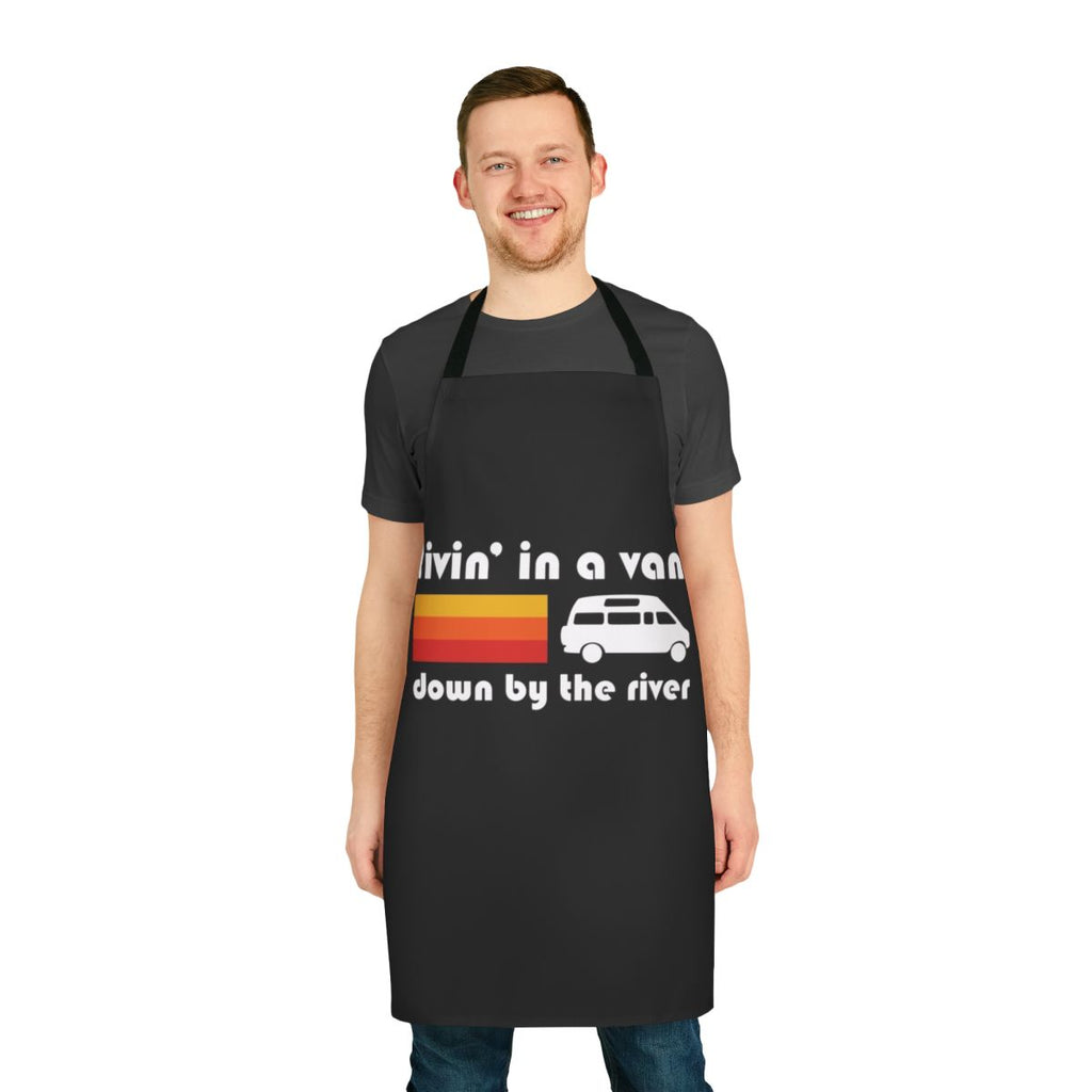 Apron with a humorous 'Living in a Van Down by the River' design, inspired by the iconic Saturday Night Live sketch featuring Chris Farley as motivational speaker Matt Foley.