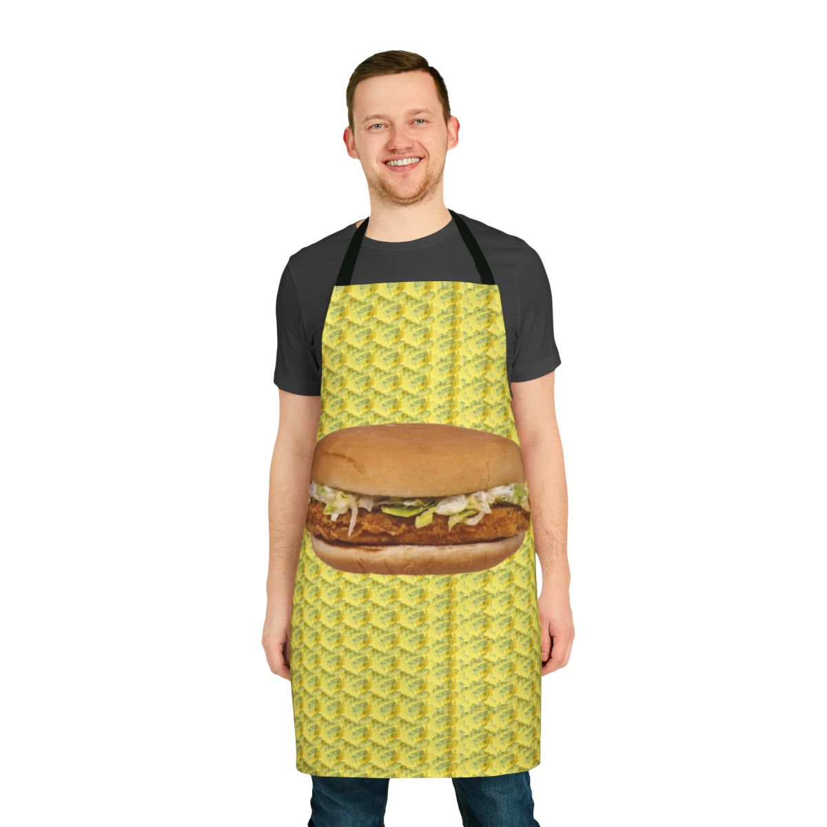Funny x-rated themed apron with chicken sandwich and McDonalds parody design