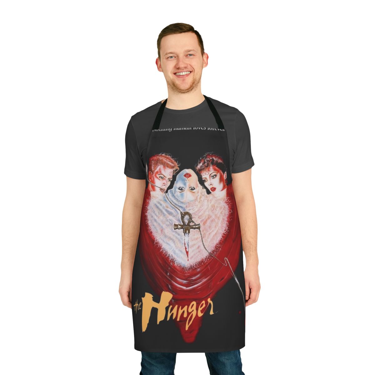 Hunger-inspired retro apron featuring 80s vampire and cult classic film elements
