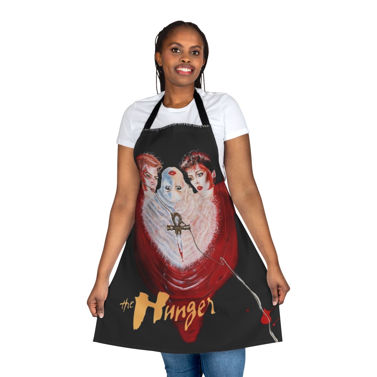 Hunger-inspired retro apron featuring 80s vampire and cult classic film elements