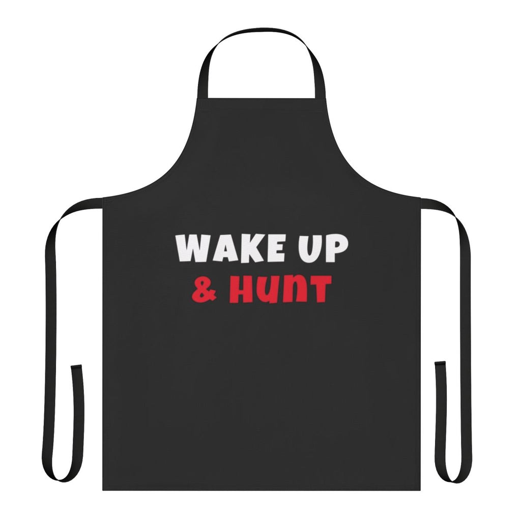 Person wearing a t-shirt apron with the text "Wake Up And Hunt" and icons of hunting-related activities.