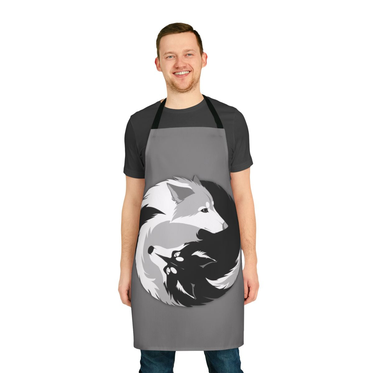 A high-quality kitchen apron featuring a stylized husky or malamute design.