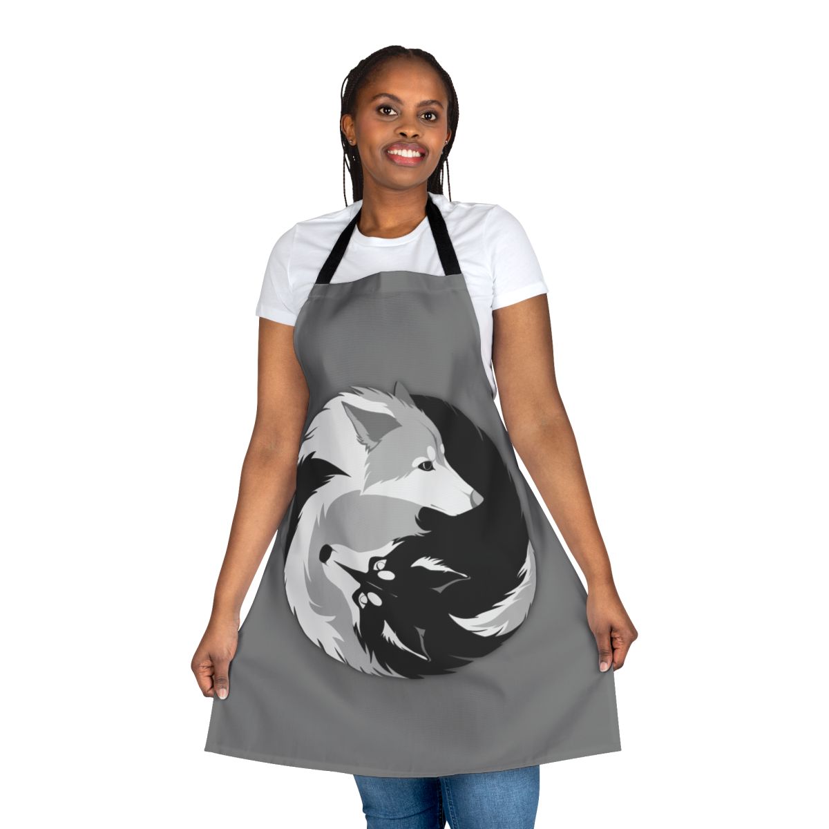 A high-quality kitchen apron featuring a stylized husky or malamute design.
