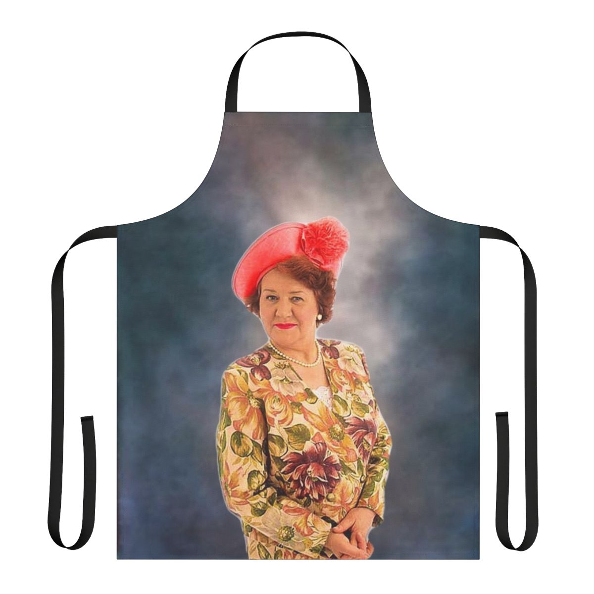 Hyacinth-inspired apron with "Shell Sing at You" design for Keeping Up Appearances fans