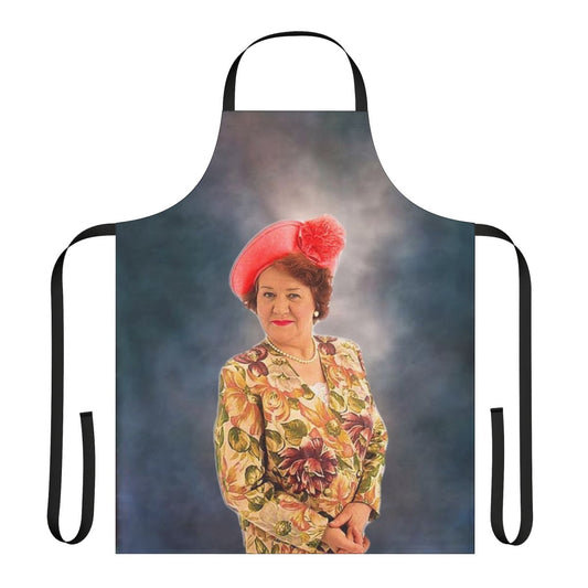 Hyacinth-inspired apron with "Shell Sing at You" design for Keeping Up Appearances fans