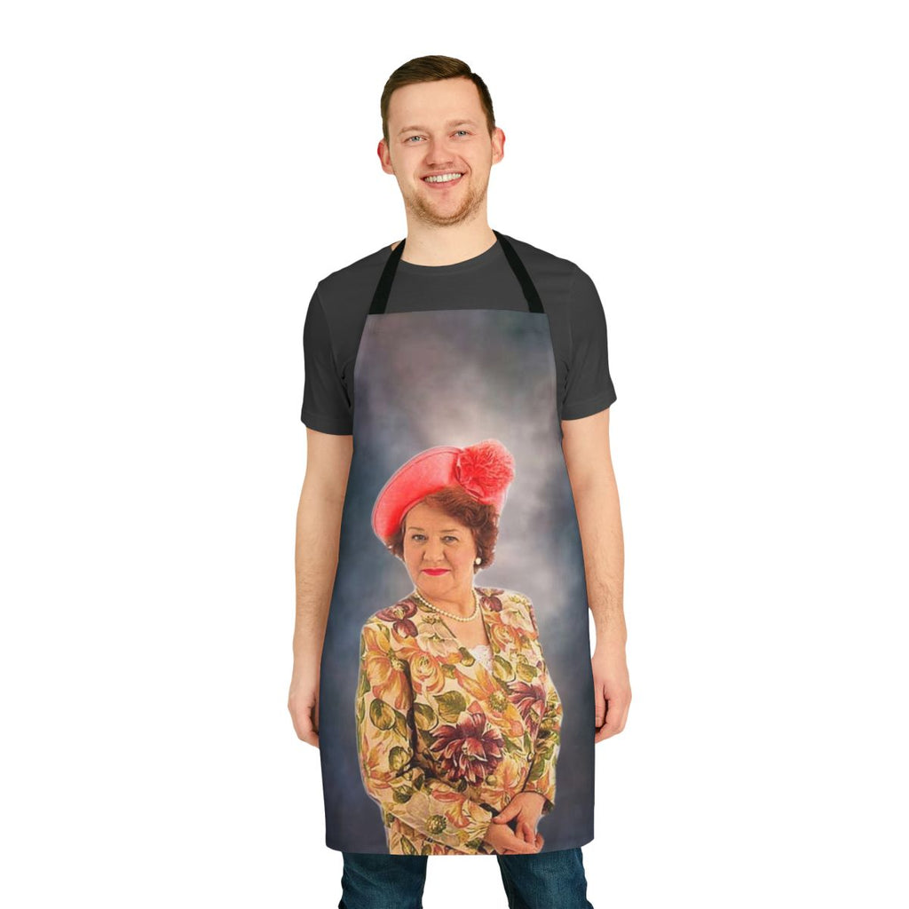Hyacinth-inspired apron with "Shell Sing at You" design for Keeping Up Appearances fans