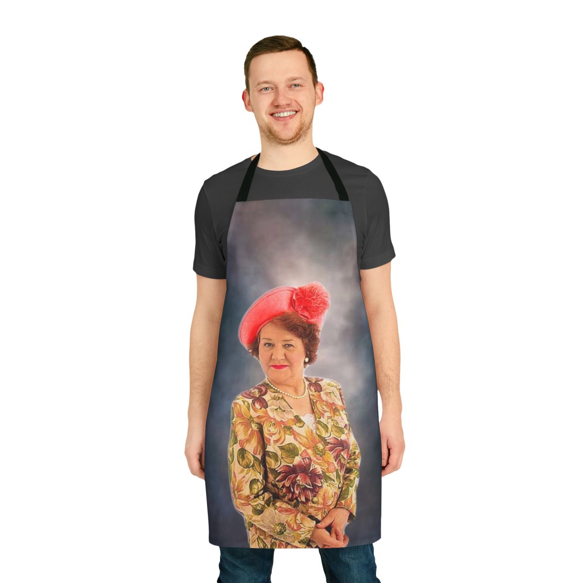 Hyacinth-inspired apron with "Shell Sing at You" design for Keeping Up Appearances fans