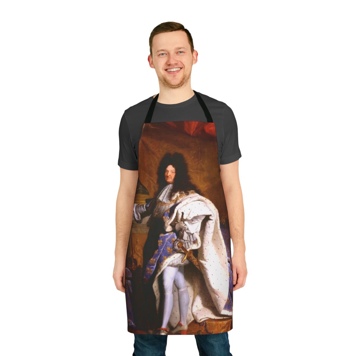 Hyacinth Rigaud inspired apron featuring a painting of French King Louis XIV, the Sun King