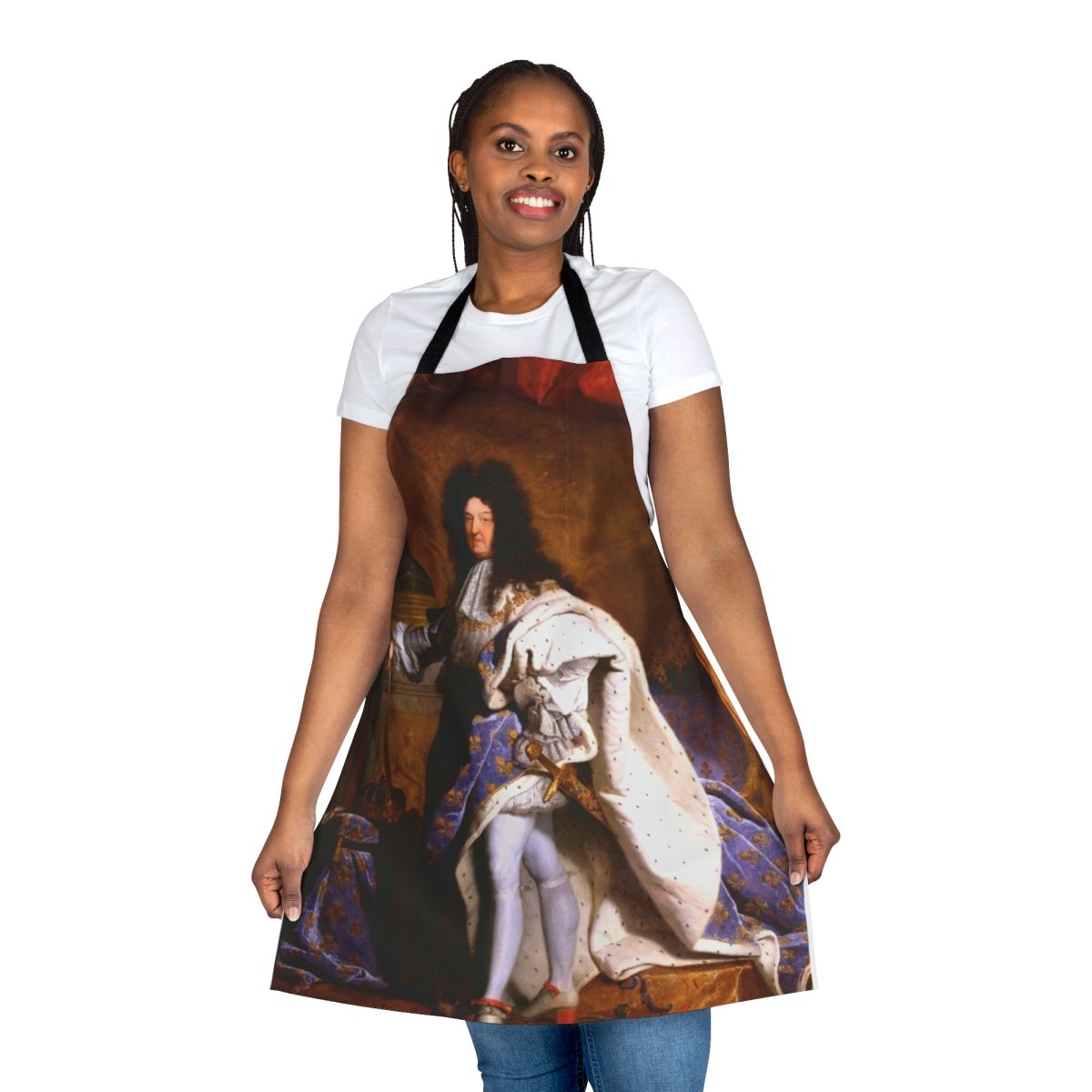 Hyacinth Rigaud inspired apron featuring a painting of French King Louis XIV, the Sun King