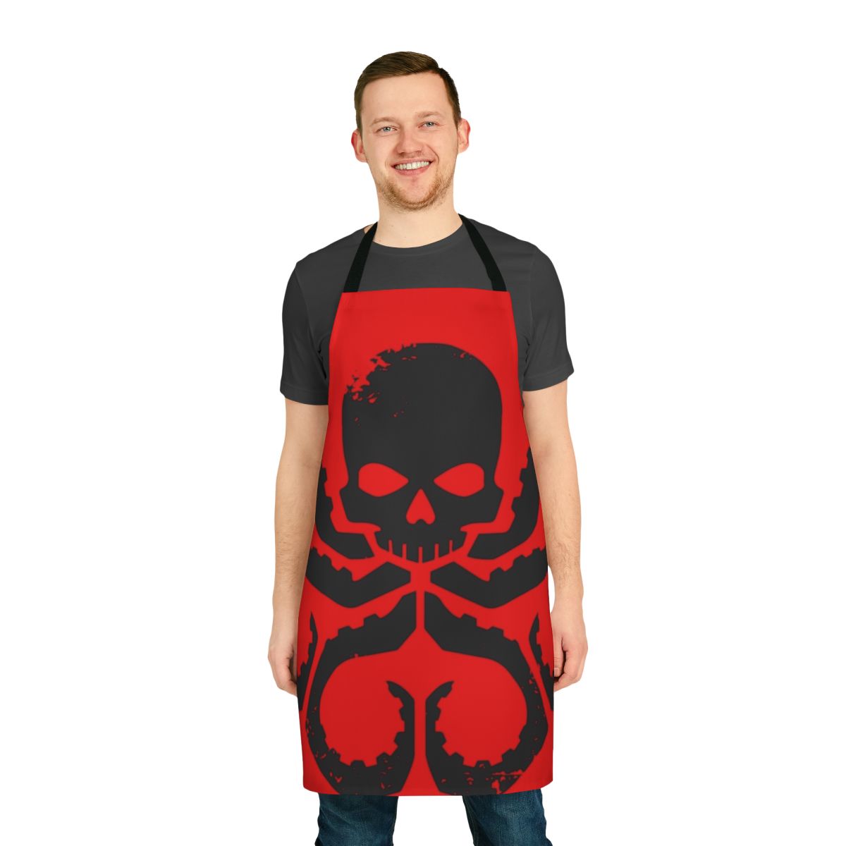 Hydra-inspired black apron with superhero logo design
