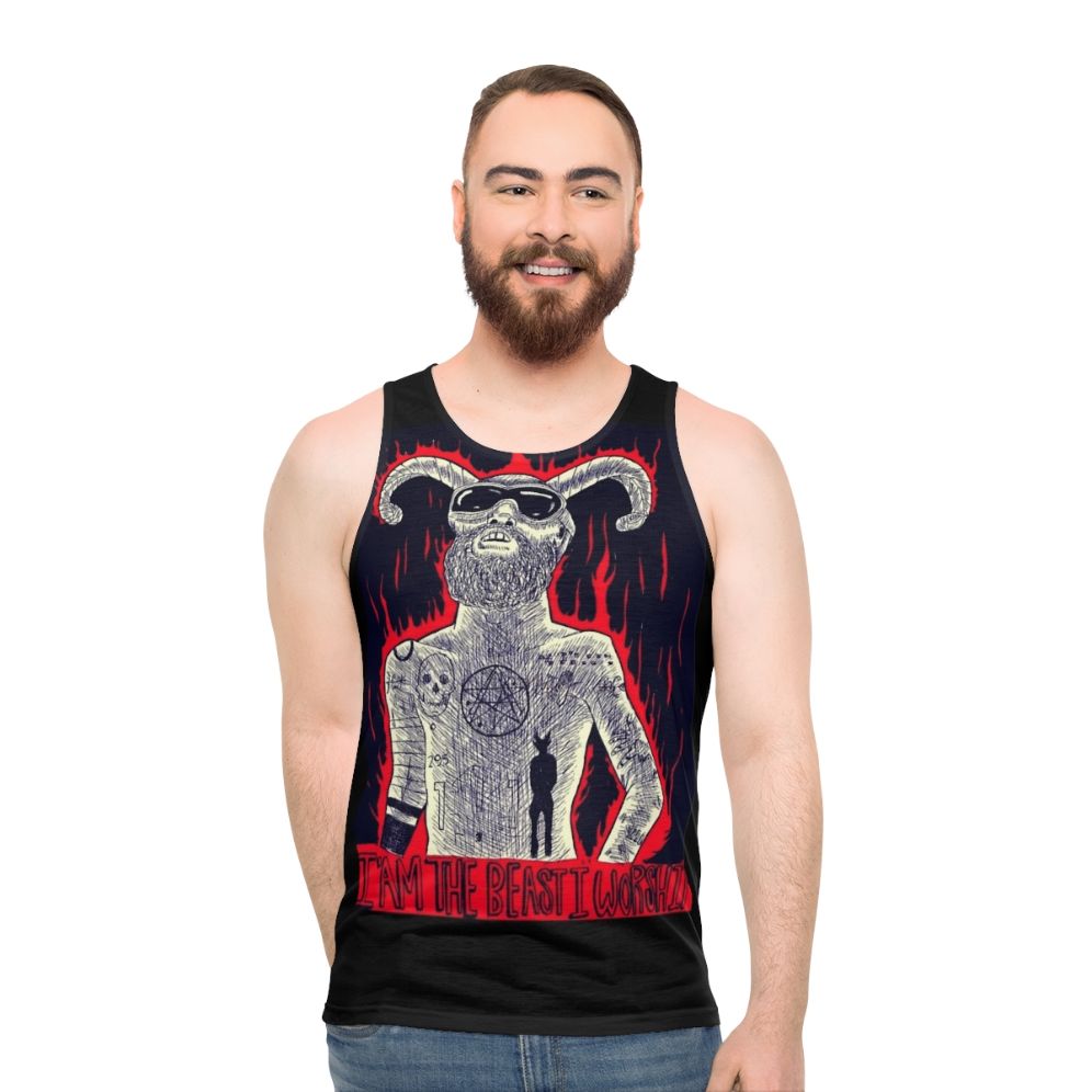"Unisex tank top with 'I Am The Beast I Worship' design"