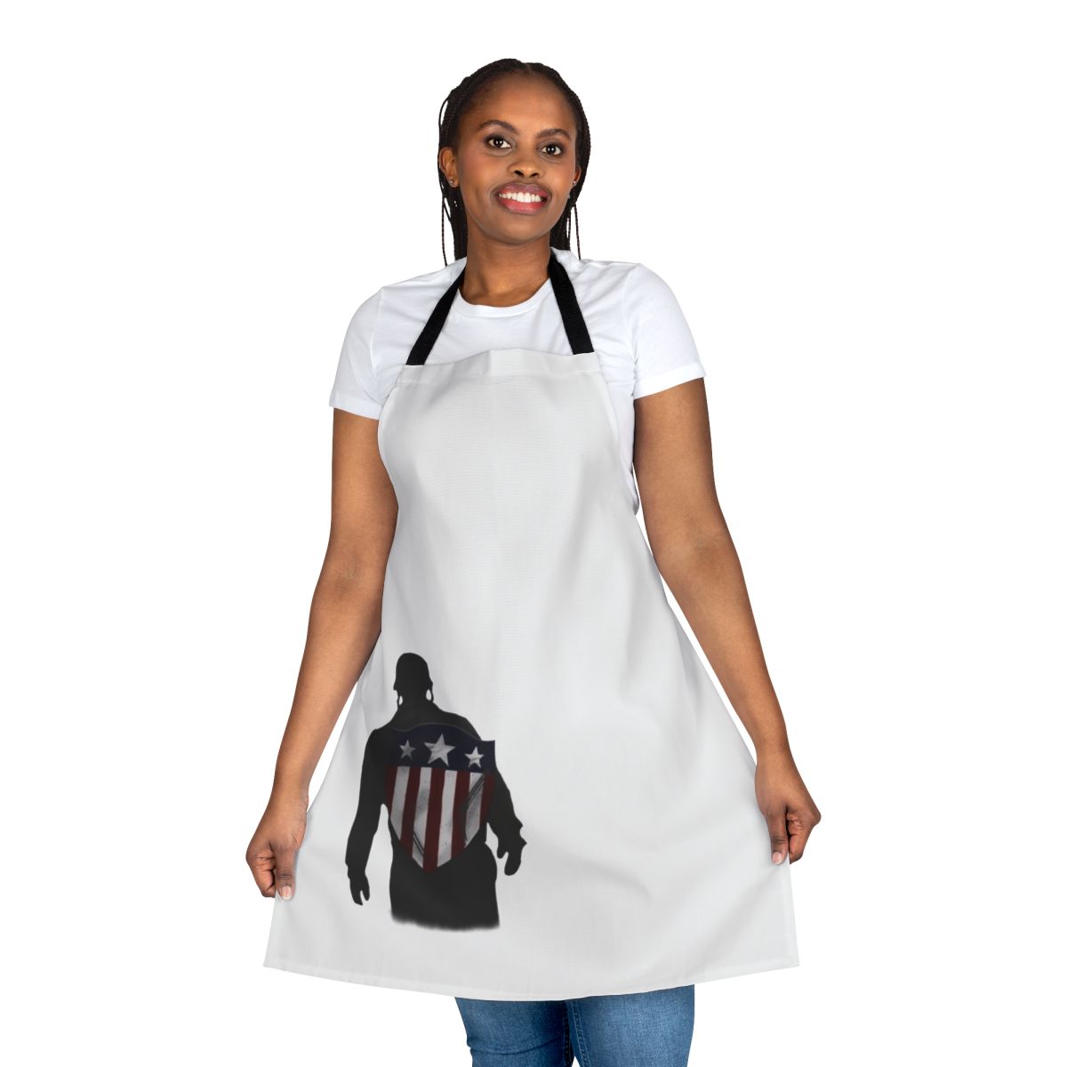 Patriotic superhero apron with "I Can Do This All Day" text and stars