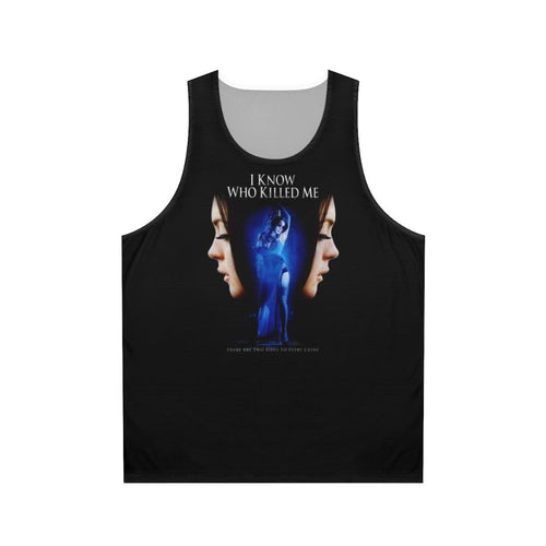 "I Know Who Killed Me" unisex tank top featuring a cult movie poster design