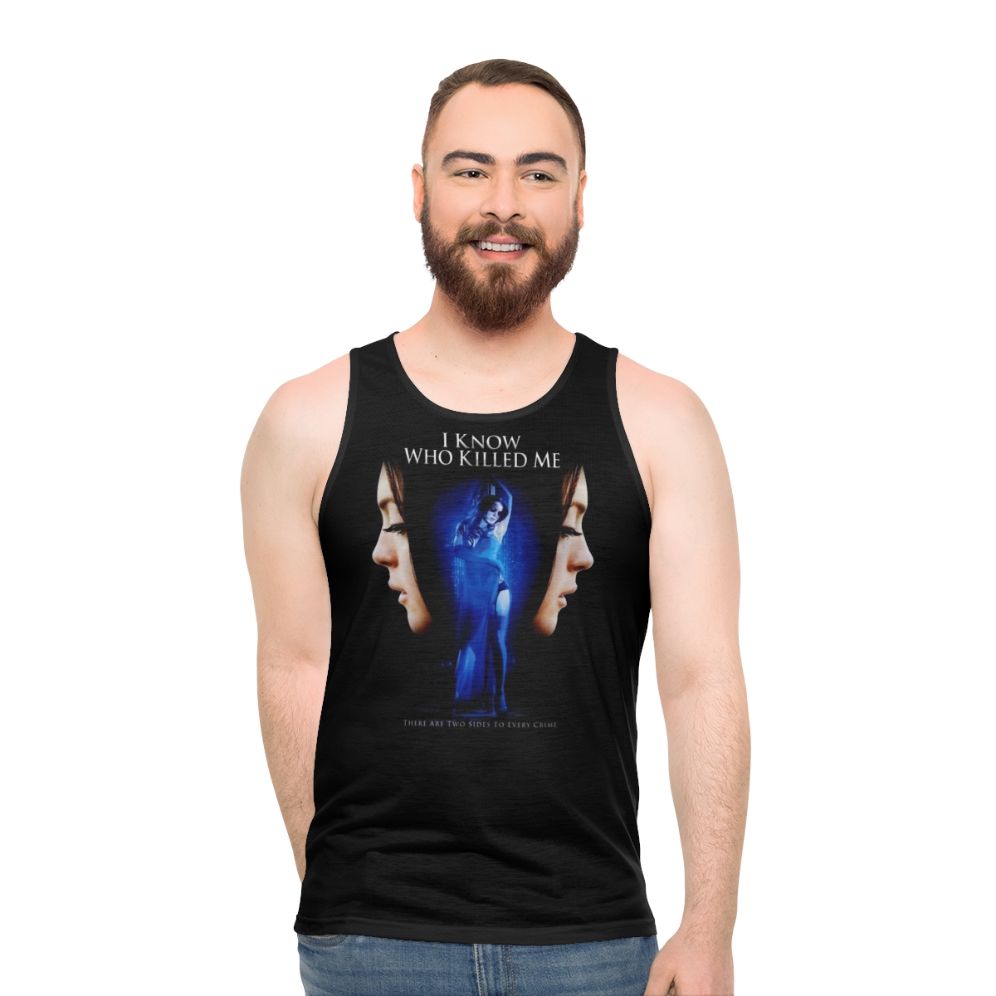 "I Know Who Killed Me" unisex tank top featuring a cult movie poster design