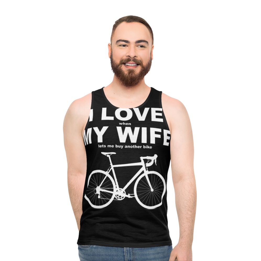 Unisex tank top with "I Love My Wife" design for cycling enthusiasts