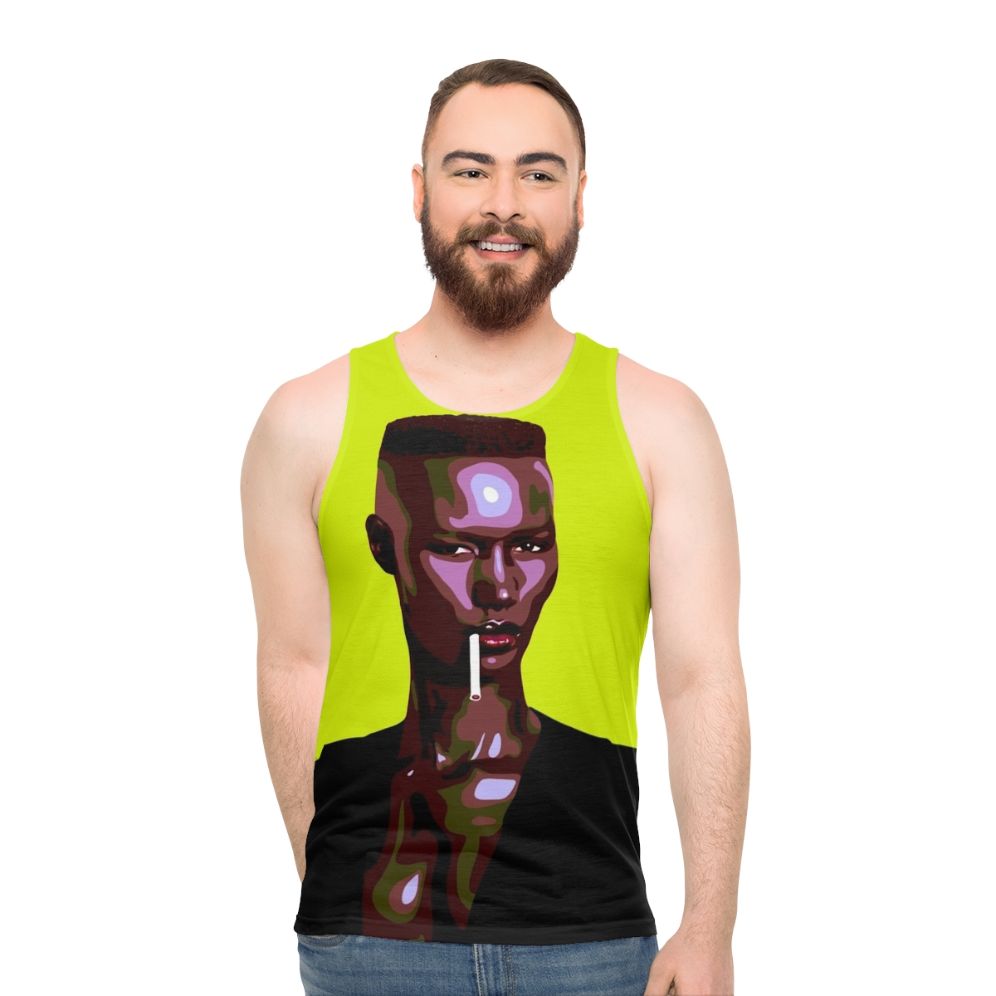 Iconic 80s leatherette tank top with stylized pop art portrait