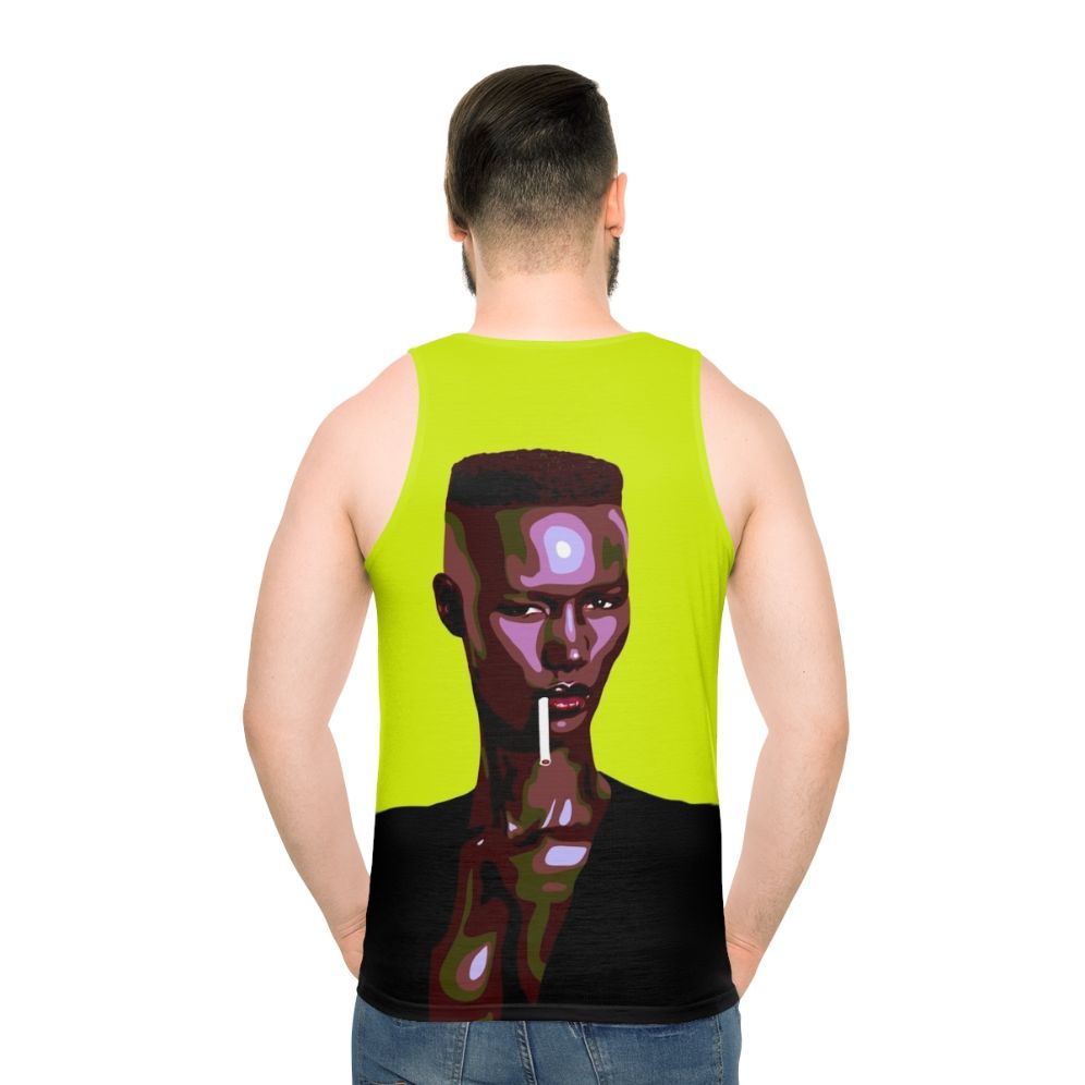 Iconic 80s leatherette tank top with stylized pop art portrait