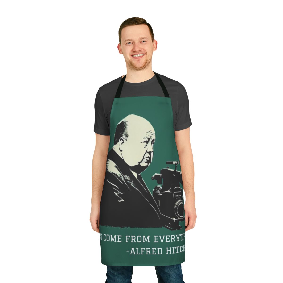 Alfred Hitchcock illustration printed on a high-quality apron