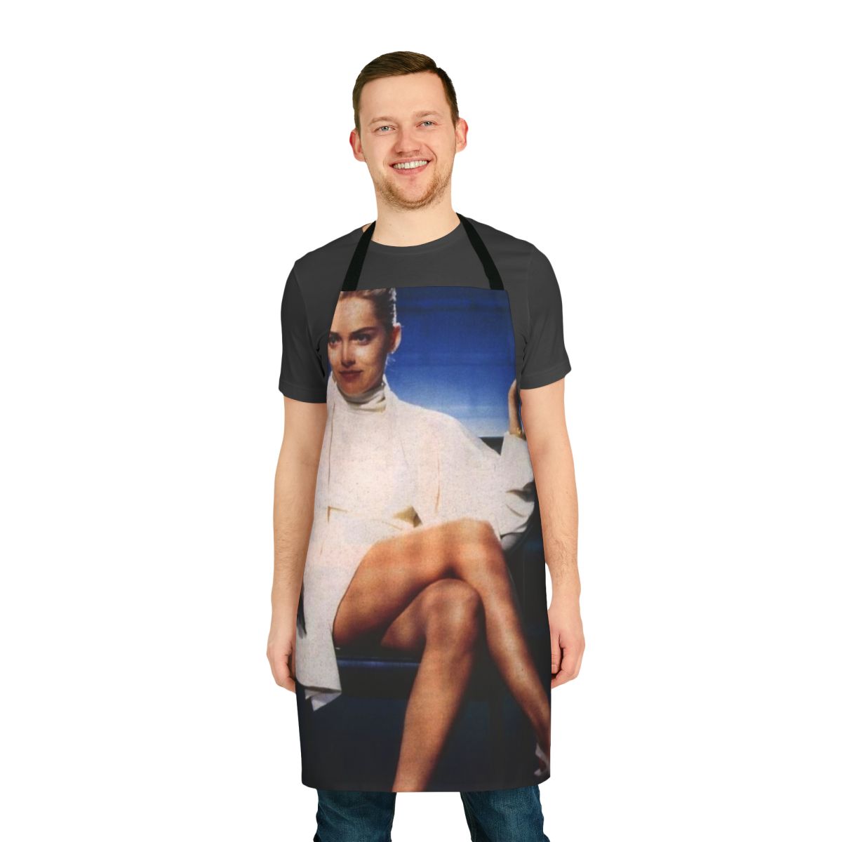 A stylish and unique kitchen apron inspired by the iconic "Basic Instinct" film, featuring a sleek black design with a sultry cigarette accent.