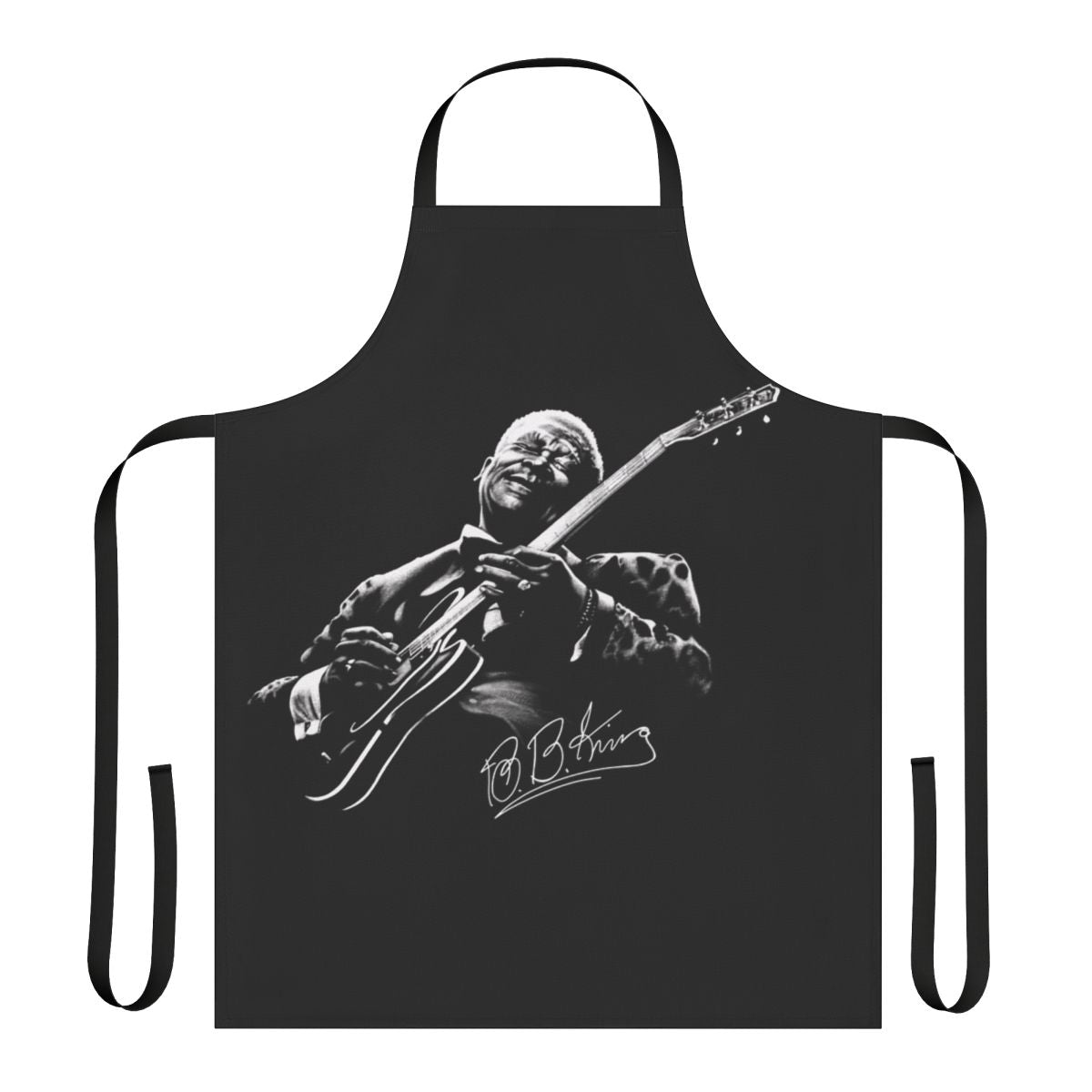 Apron with image of blues guitar and text "Iconic Blues Guitar Apron Inspired by BB King"