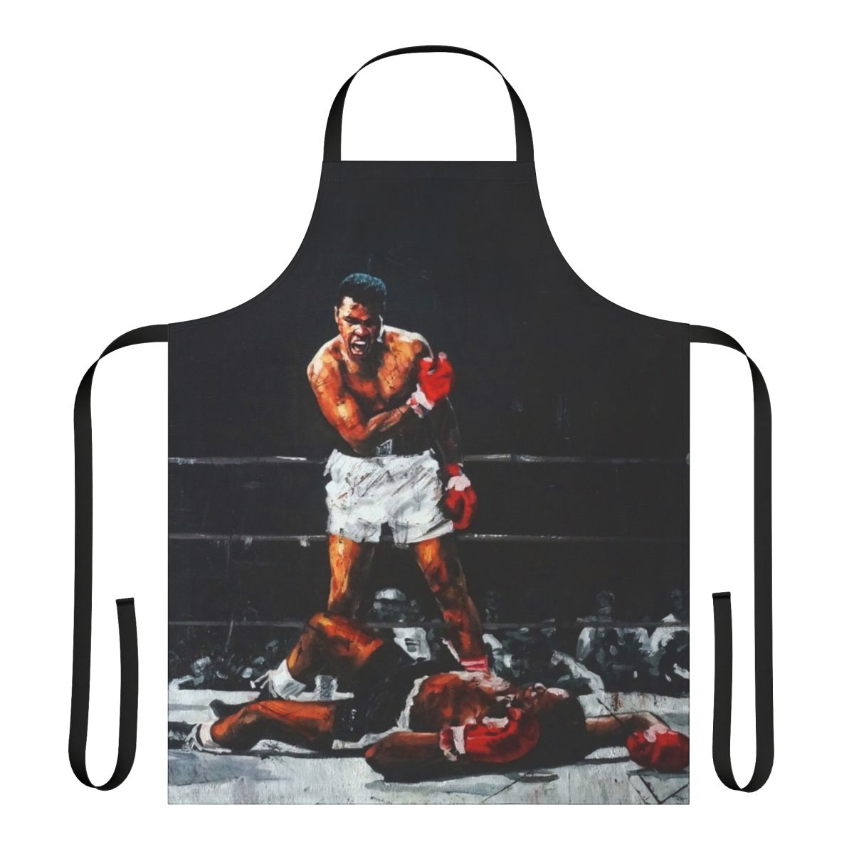 Apron featuring the iconic moment when Muhammad Ali knocked out Sonny Liston in a historic boxing match.