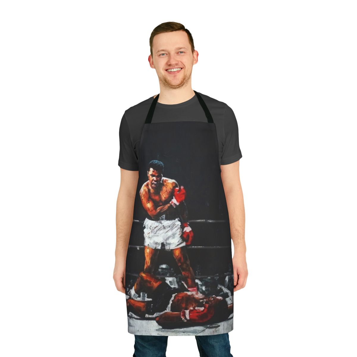 Apron featuring the iconic moment when Muhammad Ali knocked out Sonny Liston in a historic boxing match.