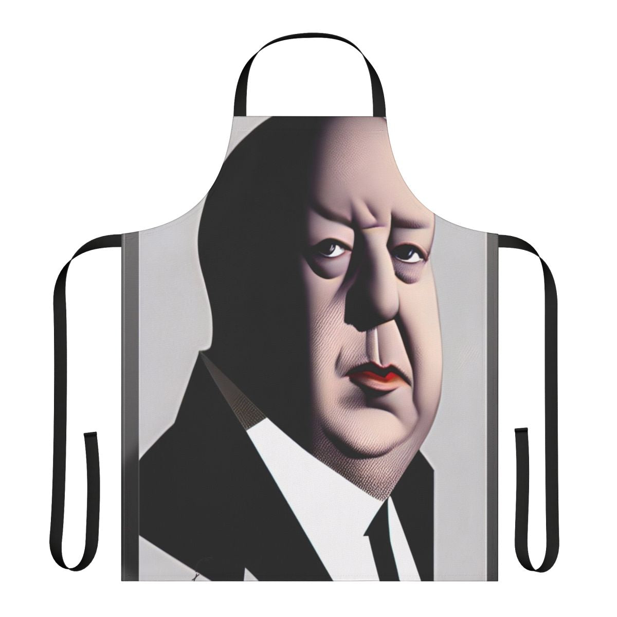 Alfred Hitchcock inspired cooking apron featuring the famous director's iconic portrait
