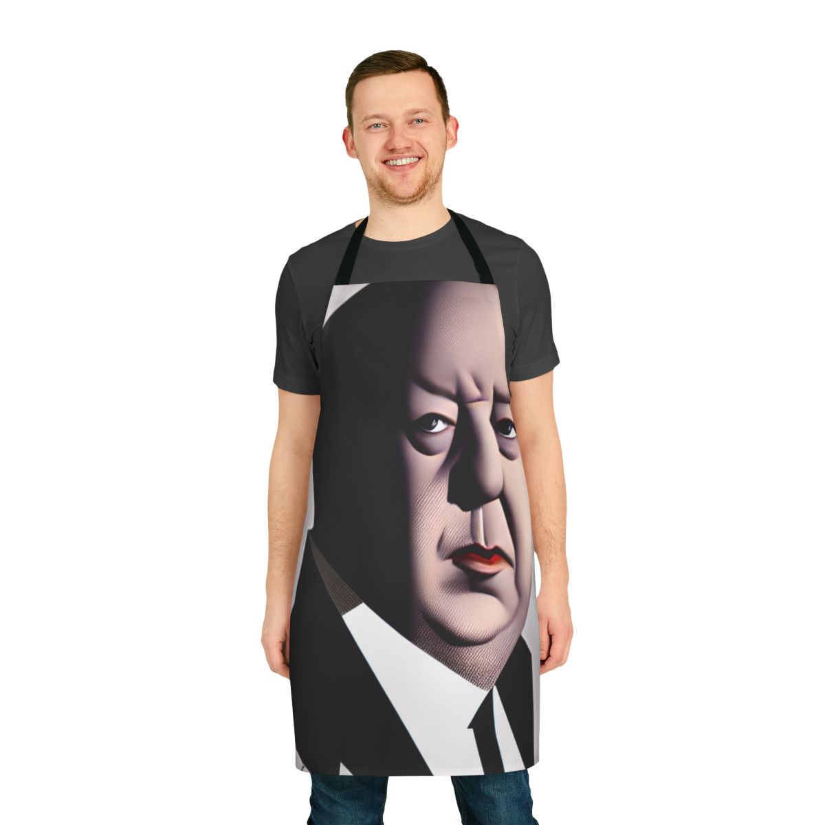 Alfred Hitchcock inspired cooking apron featuring the famous director's iconic portrait