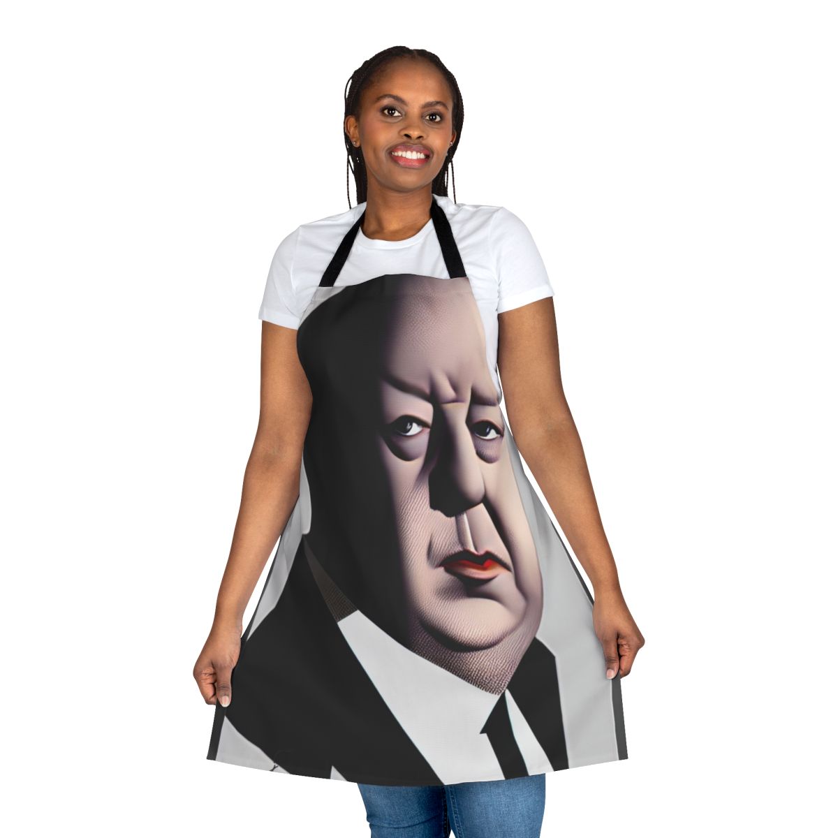 Alfred Hitchcock inspired cooking apron featuring the famous director's iconic portrait