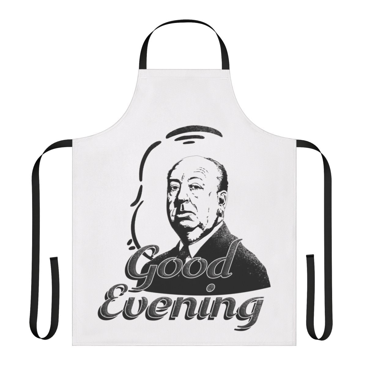 Stylish kitchen apron featuring the iconic "Good Evening" greeting from the Alfred Hitchcock television show