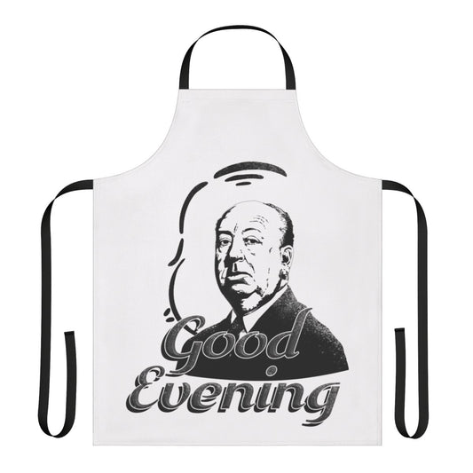 Stylish kitchen apron featuring the iconic "Good Evening" greeting from the Alfred Hitchcock television show