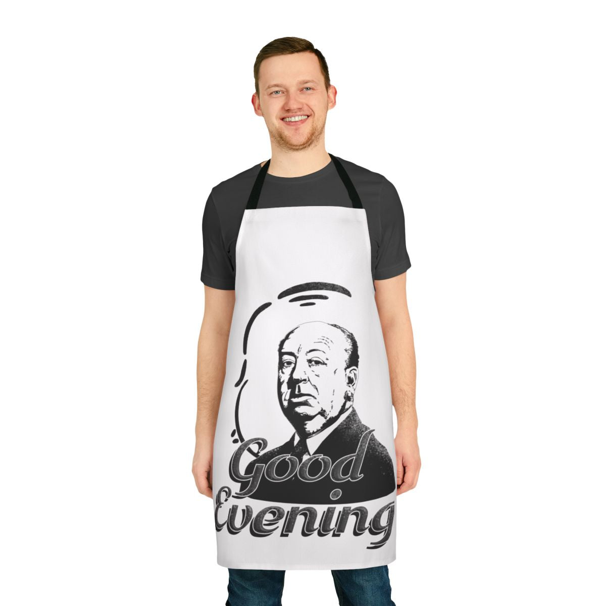 Stylish kitchen apron featuring the iconic "Good Evening" greeting from the Alfred Hitchcock television show