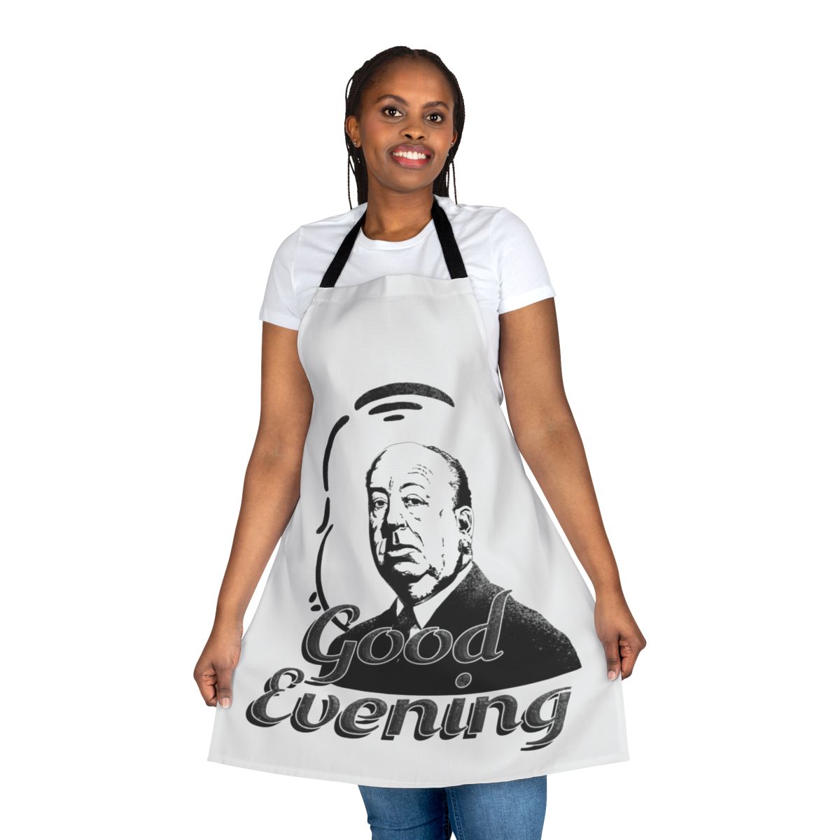 Stylish kitchen apron featuring the iconic "Good Evening" greeting from the Alfred Hitchcock television show