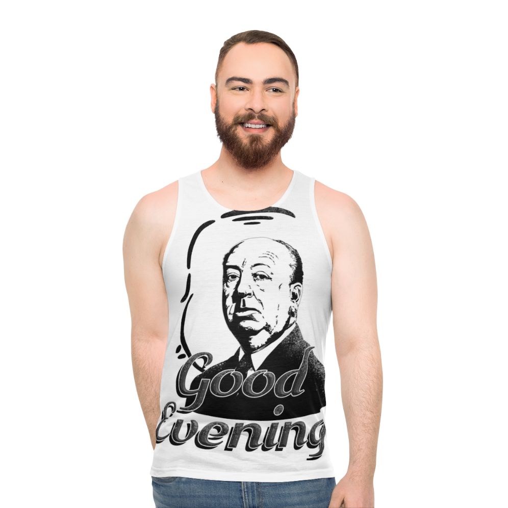 Unisex tank top with "Good Evening" graphic, inspired by Alfred Hitchcock's iconic television show