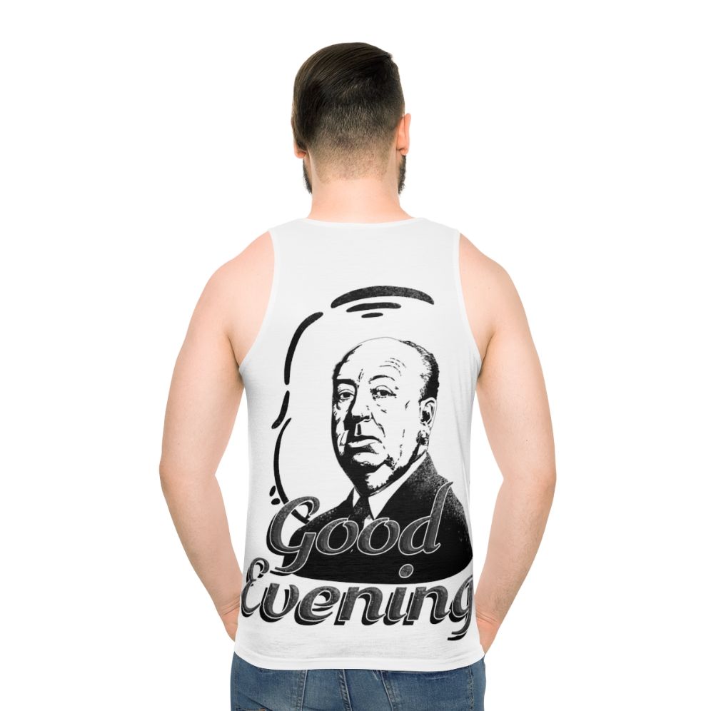Unisex tank top with "Good Evening" graphic, inspired by Alfred Hitchcock's iconic television show
