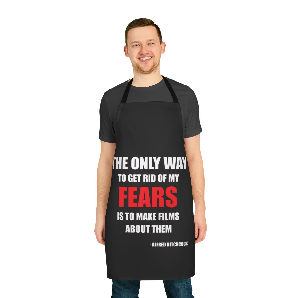 A stylish apron featuring an iconic Alfred Hitchcock quote, perfect for fans of the legendary director.
