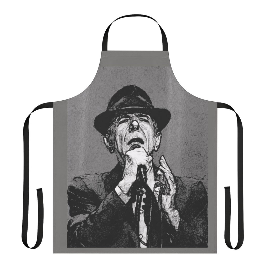 Monochrome apron with Leonard Cohen's iconic portrait and lyrics