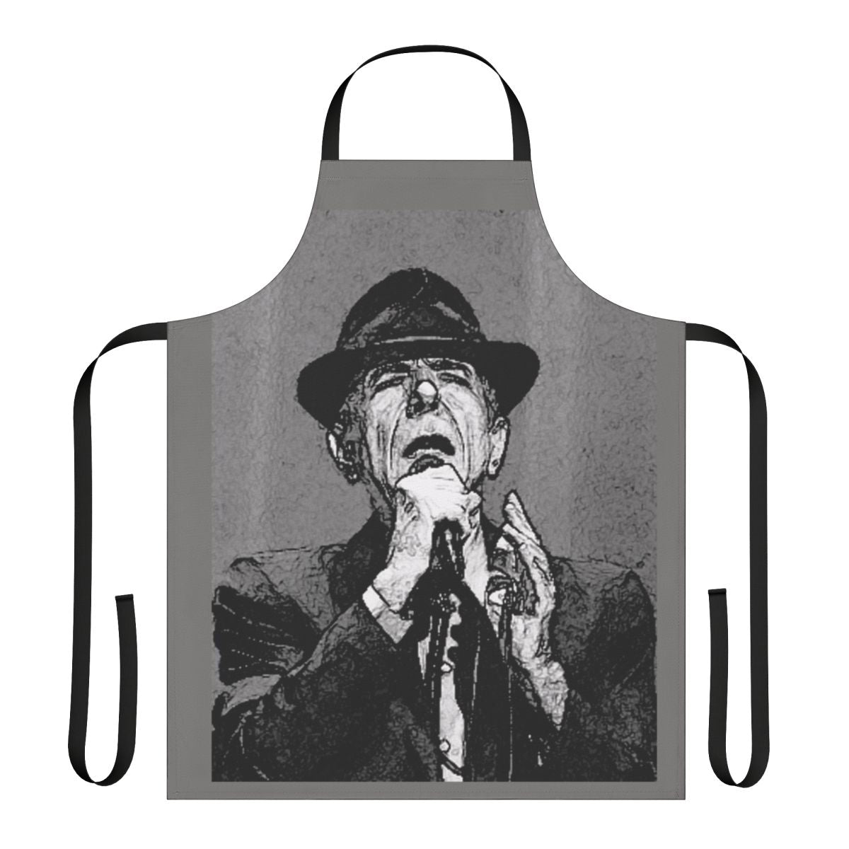 Monochrome apron with Leonard Cohen's iconic portrait and lyrics
