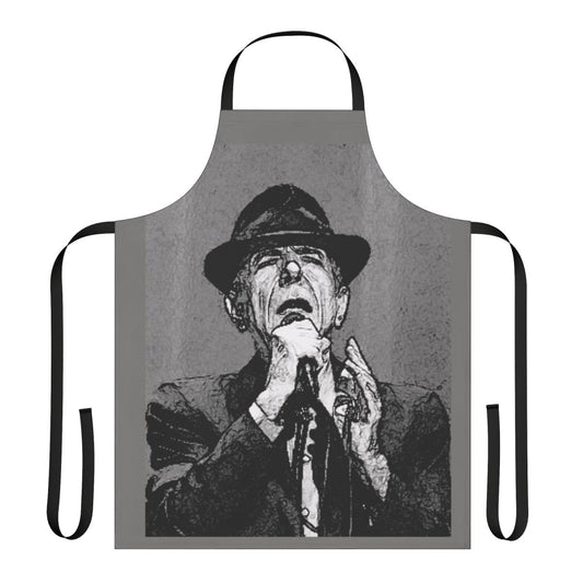 Monochrome apron with Leonard Cohen's iconic portrait and lyrics