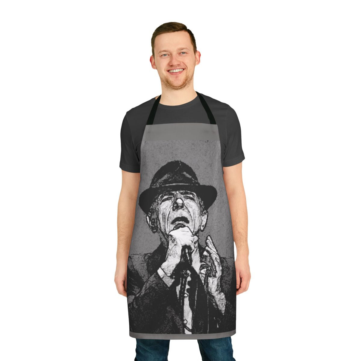 Monochrome apron with Leonard Cohen's iconic portrait and lyrics