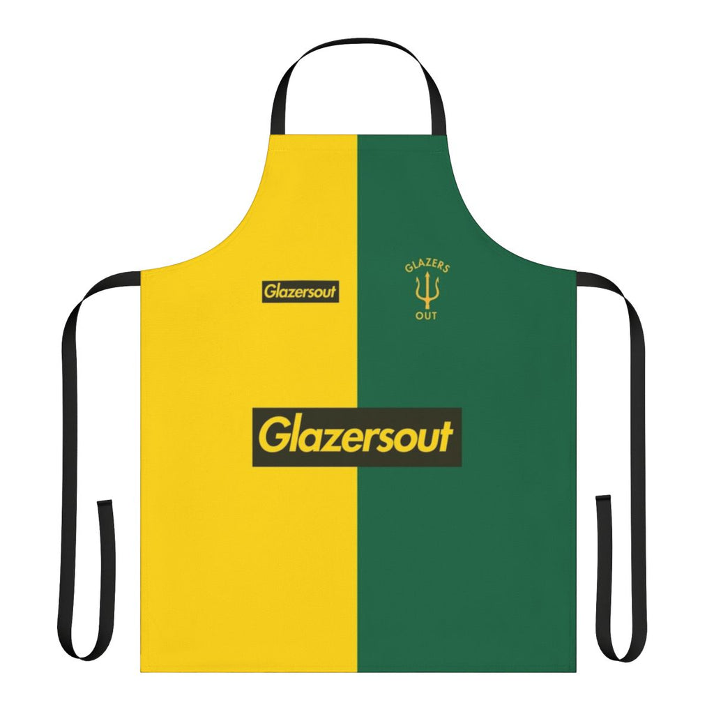 Manchester United protest apron with Glazers Out design in yellow and green colors