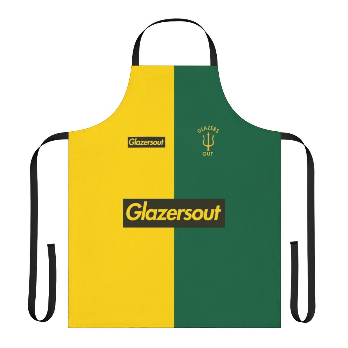 Manchester United protest apron with Glazers Out design in yellow and green colors