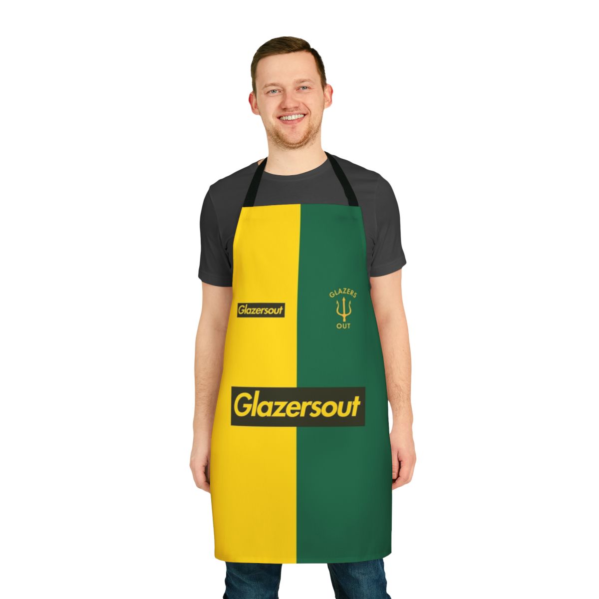 Manchester United protest apron with Glazers Out design in yellow and green colors