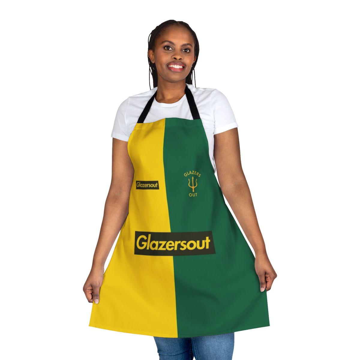 Manchester United protest apron with Glazers Out design in yellow and green colors