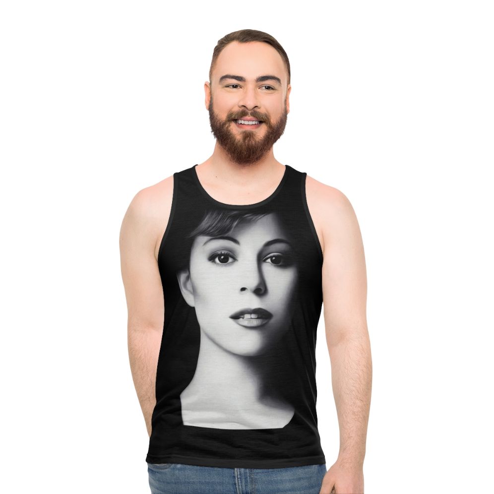 Unisex tank top with an illustrative design of a music legend from the 1990s