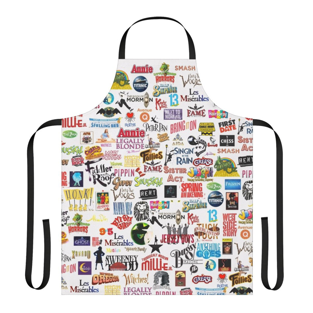 Apron featuring iconic logos from famous musicals and theatrical productions