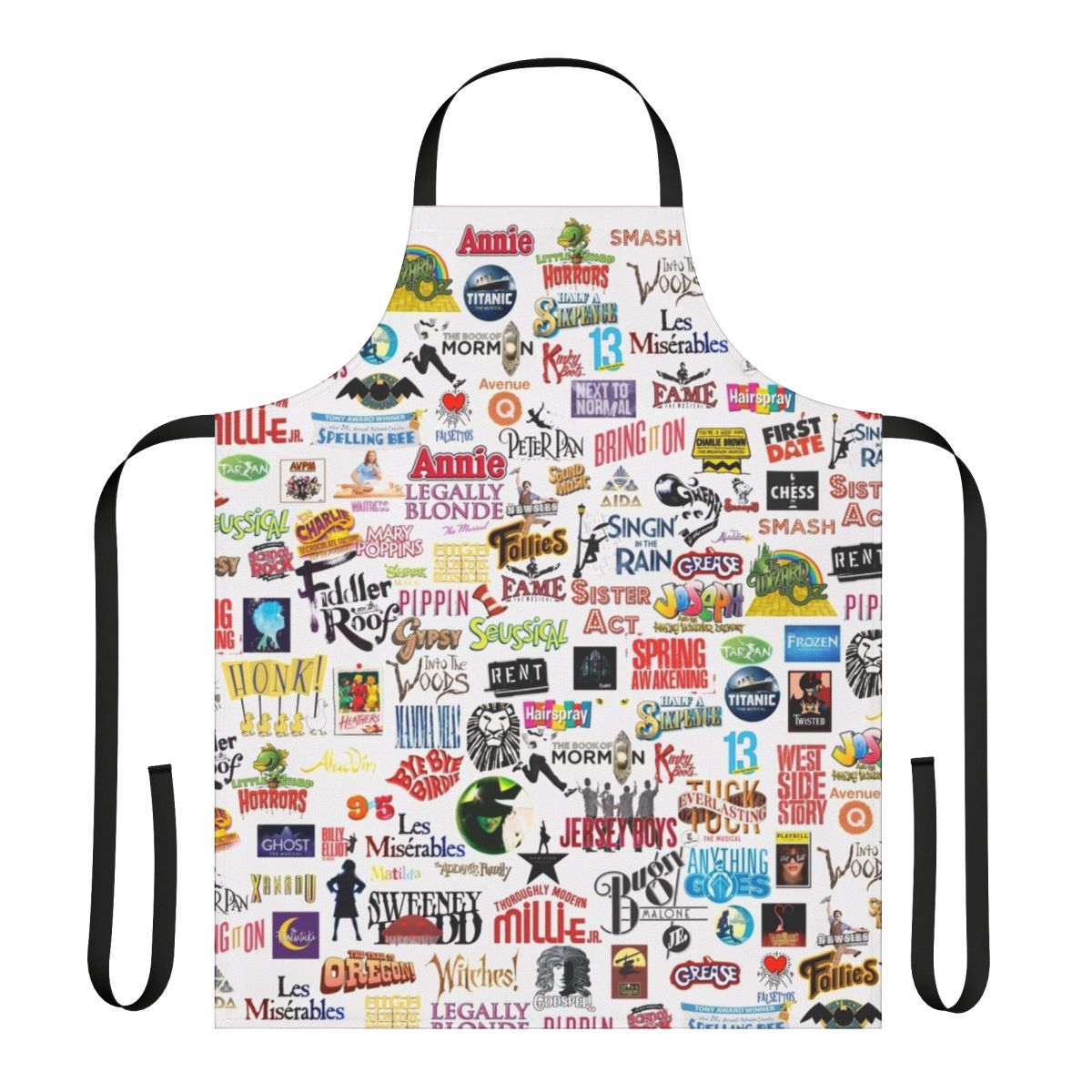 Apron featuring iconic logos from famous musicals and theatrical productions