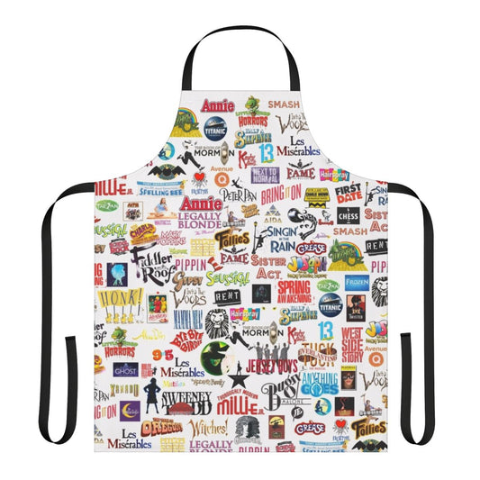 Apron featuring iconic logos from famous musicals and theatrical productions