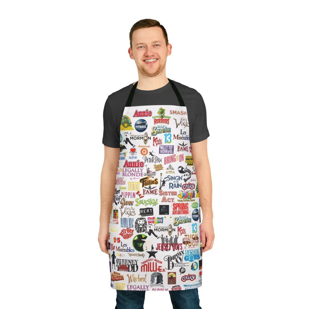 Apron featuring iconic logos from famous musicals and theatrical productions