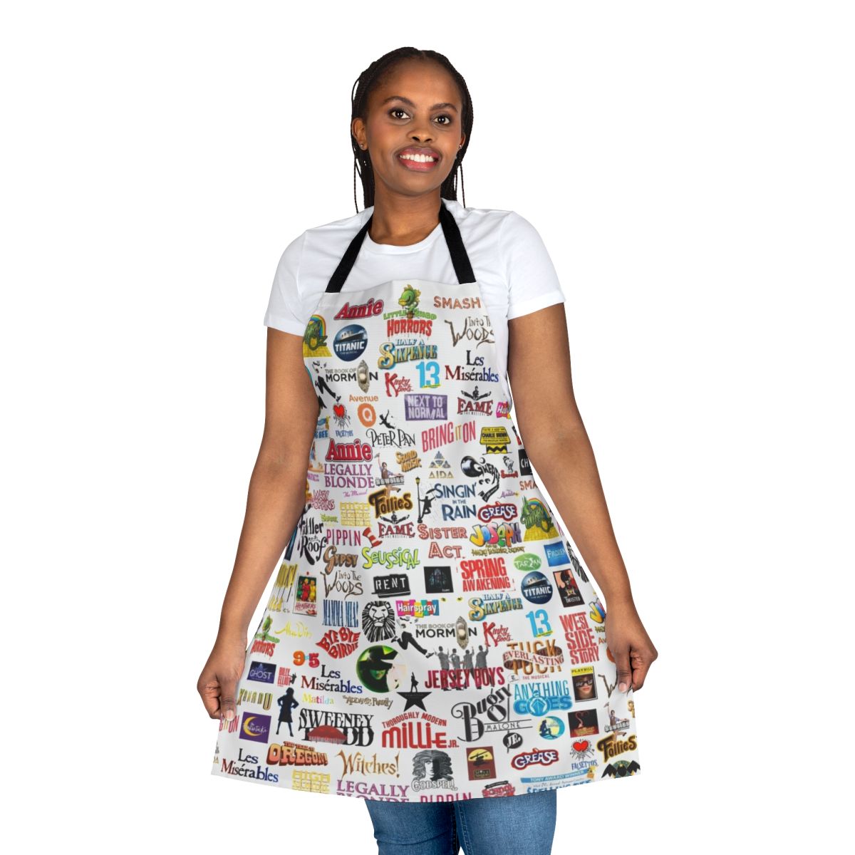 Apron featuring iconic logos from famous musicals and theatrical productions